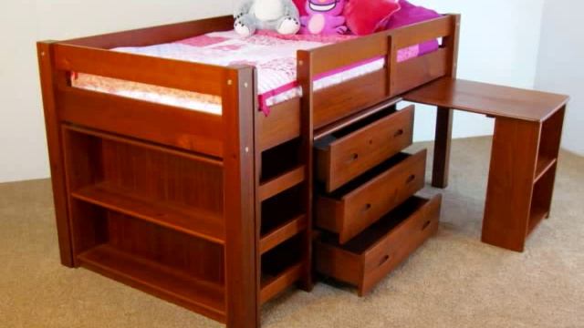 Twin solid wood Low Loft Bed with Desk, Chest and Bookcase in Pecan color.wmv смотреть онлайн