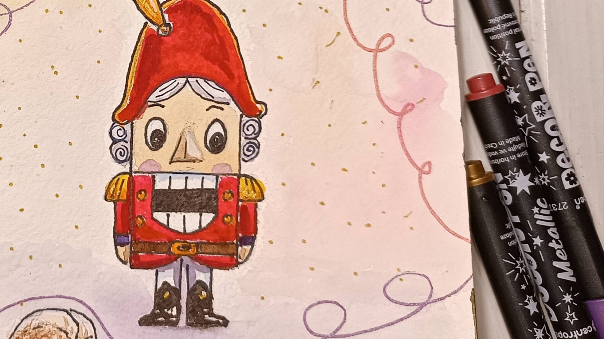 Щелкунчик, новогодняя открытка акварелью, линерами, маркерами. Скоро на канале смотреть онлайн