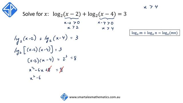 Solving Logarithmic Equation: log_2 (x-2) +log_2 (x-4) = 3 смотреть онлайн