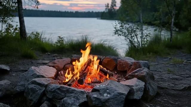 Походный костер на берегу озера. Треск костра и звуки природы. смотреть онлайн