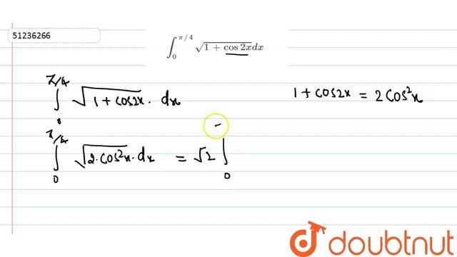 `int_(0)^(pi//4)sqrt(1+cos2x)dx` смотреть онлайн