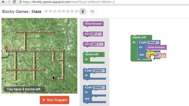 Google Blockly Games - Solution Maze level 9 смотреть онлайн
