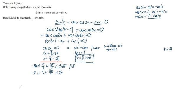 Matura z matematyki Zadania.info zadanie 9 poziom rozszerzony 23marca 2024 Równanie trygonometryczn смотреть онлайн