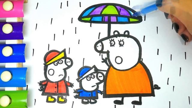 Buku Mewarnai Kartun Peppa Pig di bawah payung bersama ibu dan saudara laki laki untuk Anak смотреть онлайн