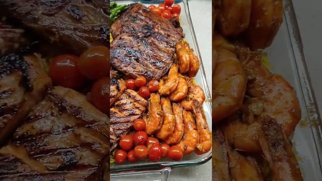 pilaf rice and pork ribs bbq#shrimp#salmon#french beans & cherry tomatoes 😊🤤 delicious ❤️💖 смотреть онлайн