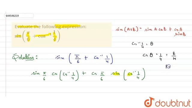 Evaluate the following expression: sin((pi)/6+cos^(-1)1/4) | 12 | RELATION, FUNCTION & ITF | MAT... смотреть онлайн