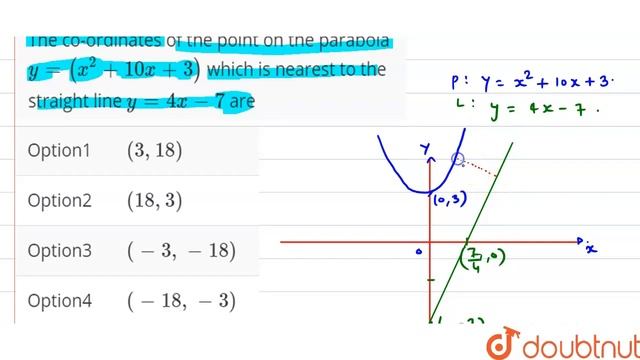 The co-ordinates of the point on the parabola y=(x^(2)+10x+3) which is nearest to the straight l... смотреть онлайн