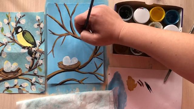 Рисуем синичку, вербу легко гуашью Как нарисовать пасхальную открытку урок tutorial на паску смотреть онлайн