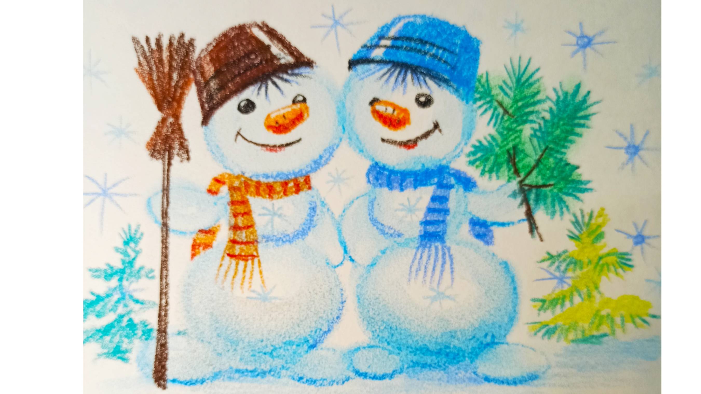 Снеговики.Как просто и красиво нарисовать открытку к Новому году. смотреть онлайн