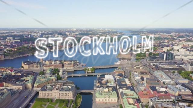 Inscription on video. Stockholm, Sweden. Panoramic aerial view of the city center. Neon white effec смотреть онлайн