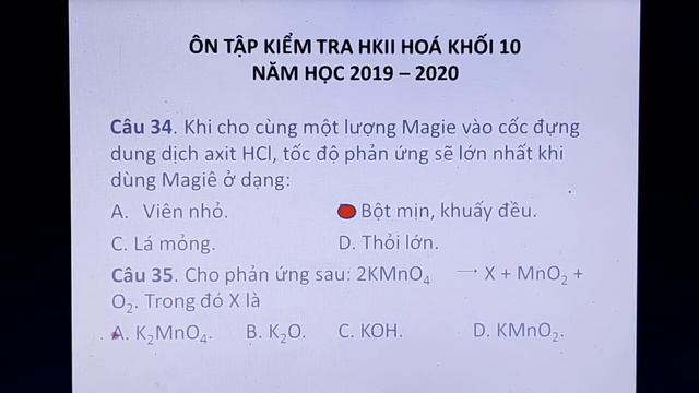 Ôn  Tập  Kiểm Tra HK II Hóa Học 10 (19-20)