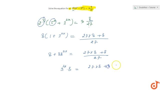 Solve the equation for `x :` `2^3(5^0+3^(2x))=\ 8 8/(27)` смотреть онлайн