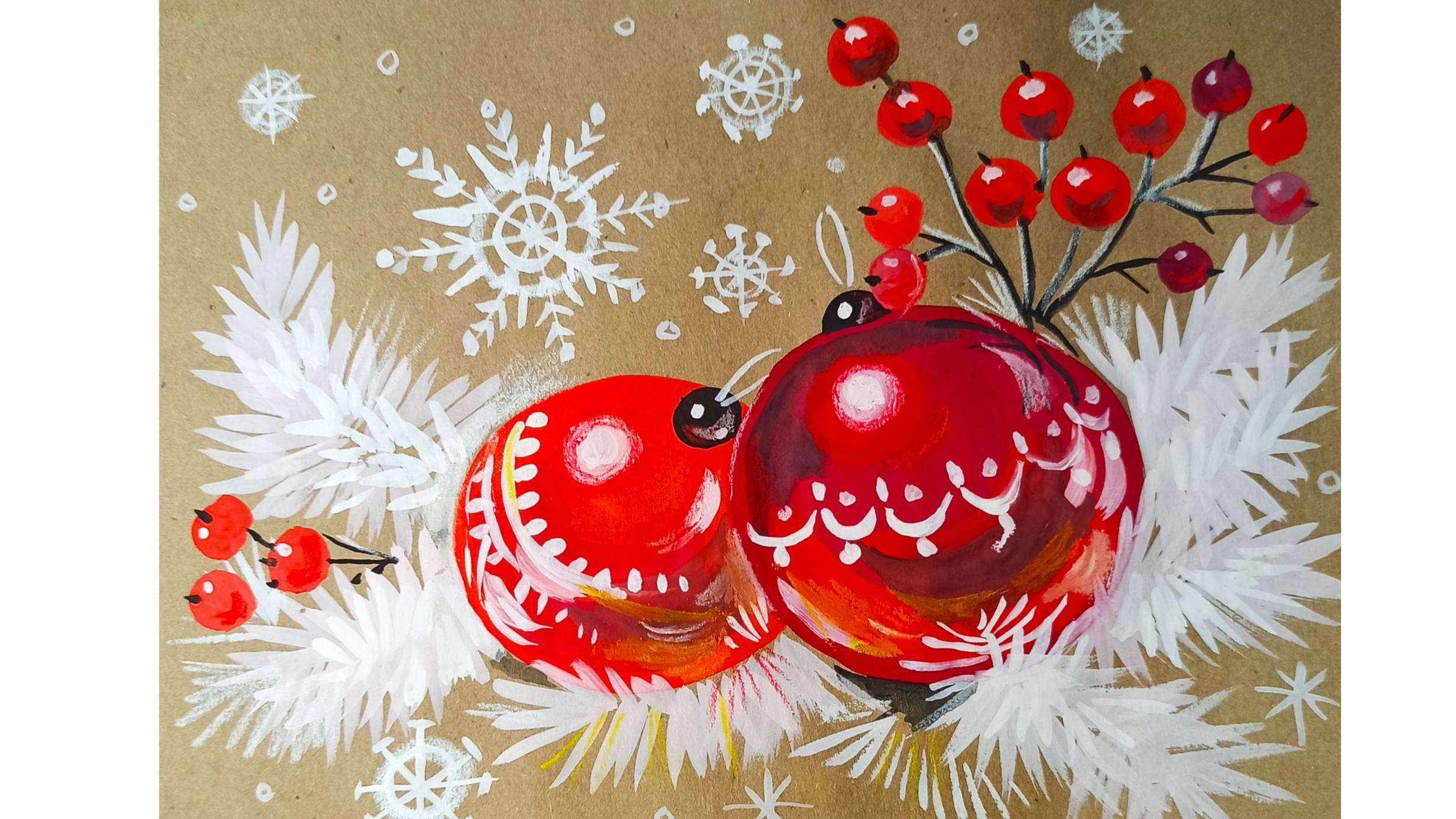 Красные стеклянные шары. Как красиво и просто нарисовать открытку к Новому году. смотреть онлайн