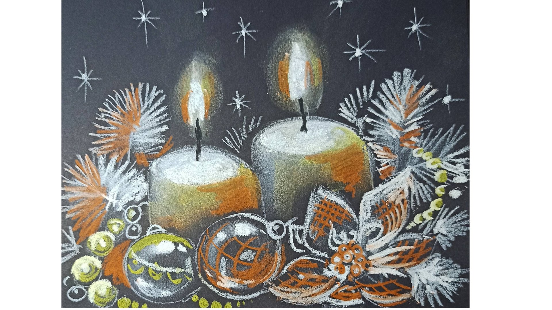 Как просто нарисовать Новогоднюю открытку карандашами и сухой пастелью на черной бумаге. смотреть онлайн