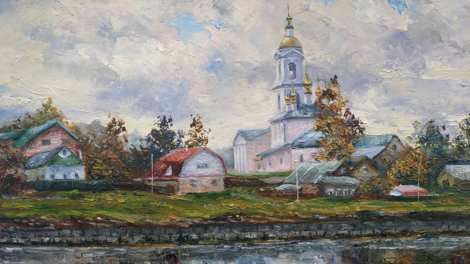 Обзор картины "Храм Вознесения Господня в Кимрах"- холст на картоне, масло. автор Цуканова Виктория смотреть онлайн