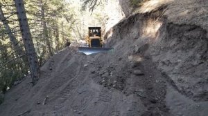 Бульдозер Caterpillar D7 прокладывает лесную дорогу.