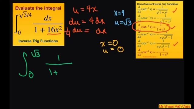 Evaluate the Integral dx/(1+ 16x^2) over [0, sqrt(3)/4]. Inverse Trig Functions смотреть онлайн
