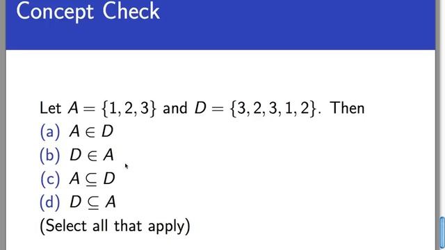 Elements, subsets, and set equality (Screencast 2.3.3) смотреть онлайн