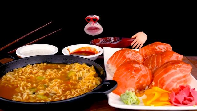 (SUB) Giant Salmon Sushi, Spicy Cheese Ramen Mukbang 매운 치즈라면, 대왕 연어초밥 먹방 | REALMOUTH's ASMR MUKBANG