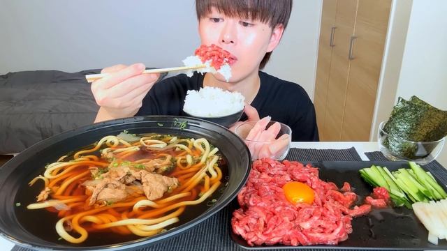 ASMR 肉うどん 和牛ユッケ Udon, Wagyu Yukhoe EATING SOUNDS | 咀嚼音 | MUKBANG | 먹방 смотреть онлайн