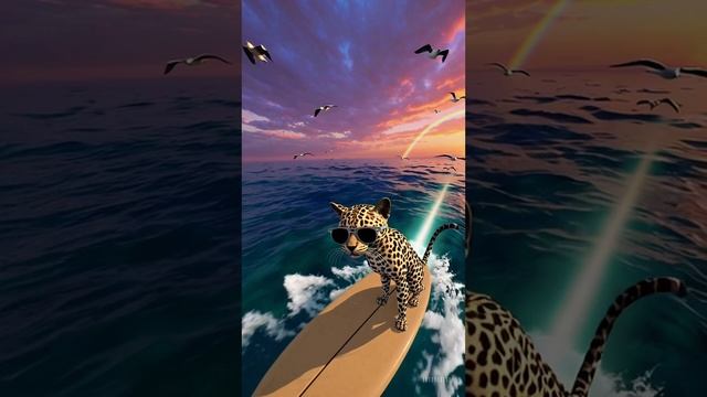 Leopard Cat Riding the Sunset Waves Surfing Fun смотреть онлайн