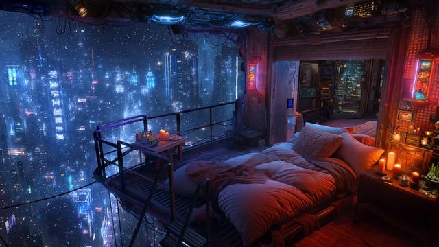 Музыка для атмосферы - ночной город, лофт над городом, снег, неон, киберпанк смотреть онлайн