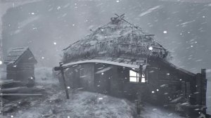 Сильные снежные ветры пронизывают полярный лес над айсбергом, заставляя хижину замерзать