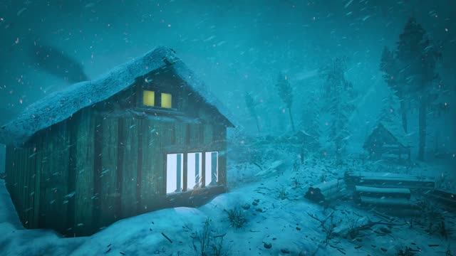Звуки сильной метели на заднем дворе альпийских бревенчатых домиков | Метель в горной деревне смотреть онлайн