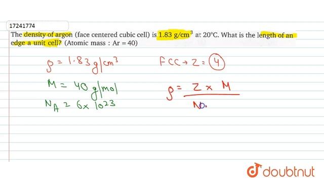 The density of argon (face centered cubic cell) is `1.83g//cm^(3) at 20^()C`. What is the radius... смотреть онлайн