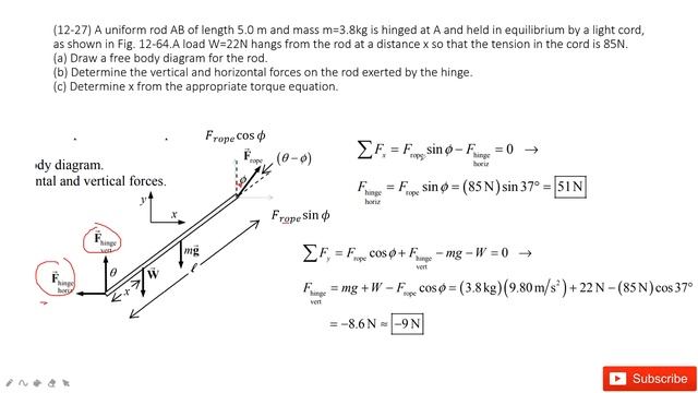 (12-27) A uniform rod AB of length 5.0 m and mass m=3.8kg is hinged at A and held in equilibrium by смотреть онлайн