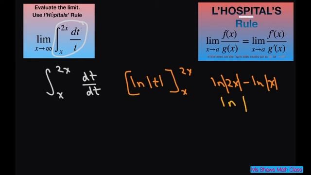Evaluate limit as x approaches infinity for definite Integral dt/t over [x, 2x] l’Hopital’s Rule смотреть онлайн