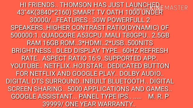 THOMSON 43"SMART 4K TV OATH 1000 смотреть онлайн