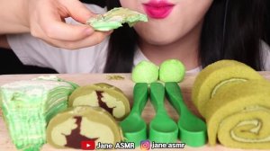 ASMR GREEN DESSERT *EDIBLE SPOON, CREPE CAKE, CHOCOLATE RICE CAKE, ROLL CAKE 녹차 디저트 먹방 JANE ASMR 제인