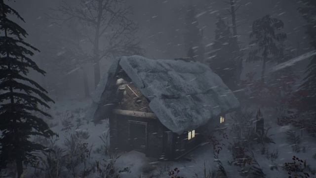 Уютная зимняя бревенчатая хижина в снежную бурю. Падающий снег в лесу и завывающий ветер убаюкивают смотреть онлайн