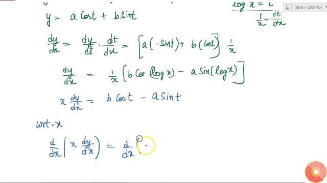 CBSE Class 12 Boards Maths If `y=acos(logx)+sin(logx),`
prove that `(x^2d^2)/(dx^2)+\ x(dy)/(dx... смотреть онлайн