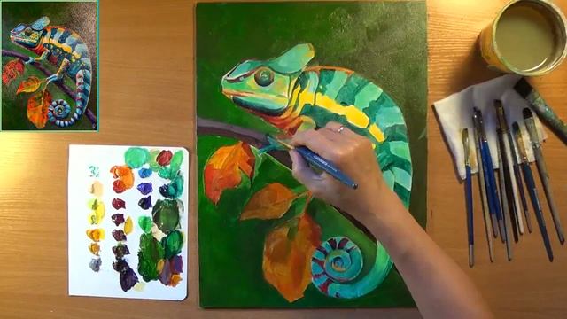 Как нарисовать хамелеона. Рисуем ящерицу -хамелеона. Хамелеон- лучший маскировщик. Акрил смотреть онлайн