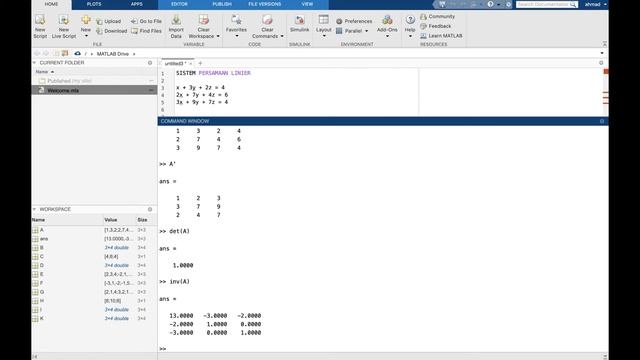 Perhitungan Matriks dengan Metode Gauss Jordan menggunakan Aplikasi Matlab смотреть онлайн