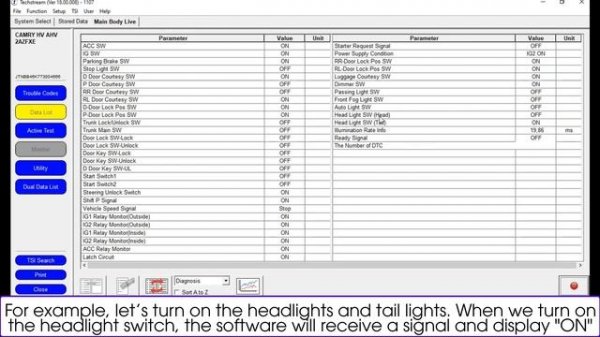 Live Data Function of Main Body ECU with Techstream V18