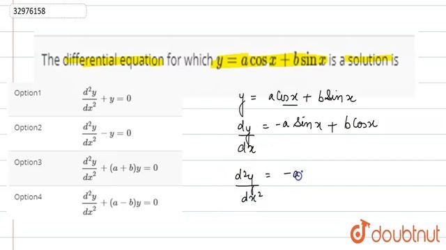 The differential equation for which `y=a cos x+b sin x` is a solution is смотреть онлайн