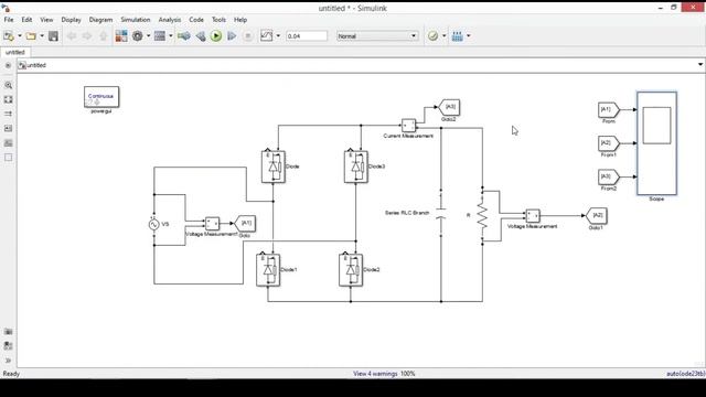 Single phase Full Wave uncontrolled rectifier with C filter Matlab Simulink смотреть онлайн