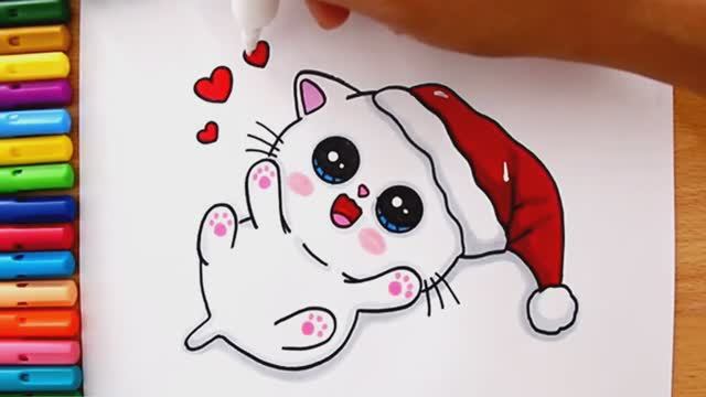 Как нарисовать НОВОГОДНЕГО РОЖДЕСТВЕНСКОГО КОТЕНКА Kawaii | смотреть онлайн