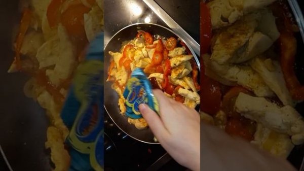 Pasta med kylling og teriyakisaus. Спагетти,  курица и соус терияки