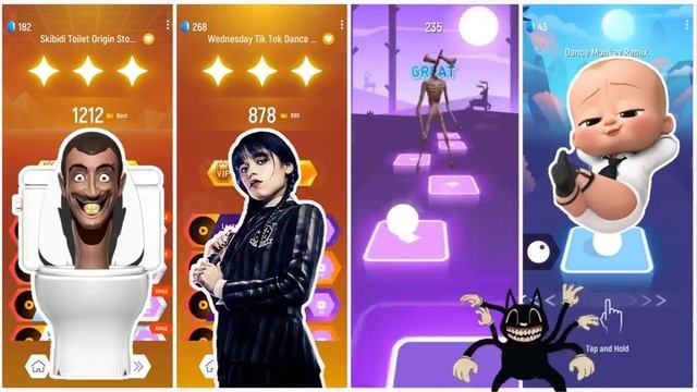 SKIBIDI TOILET 🆚 WEDNESDAY BLOODY MARY 🆚 SIREN HEAD 🆚 BABY BOSS DANCE MONKEY | Tiles Hop EDM Rush смотреть онлайн