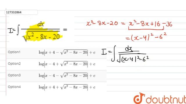 `int(dx)/(sqrt(x^2-8x-20))=` смотреть онлайн