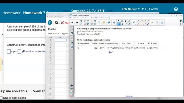 Math 14 7.1.17-T Construct a confidence interval estimate of the proportion using StatCrunch. смотреть онлайн