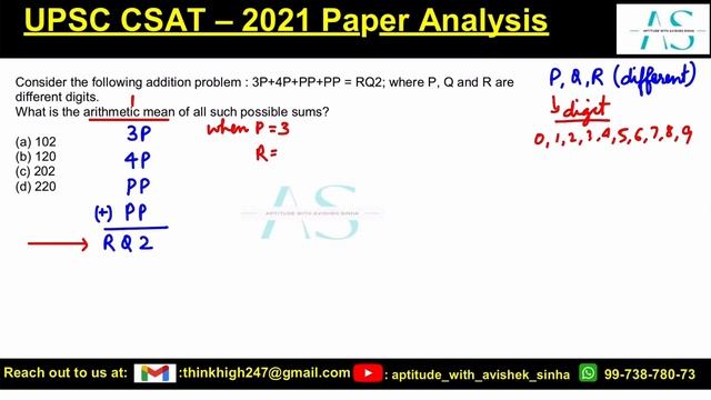 Consider the following addition problem : 3P+4P+PP+PP = RQ2 | UPSC CSAT 2021 | AVISHEK SINHA | смотреть онлайн