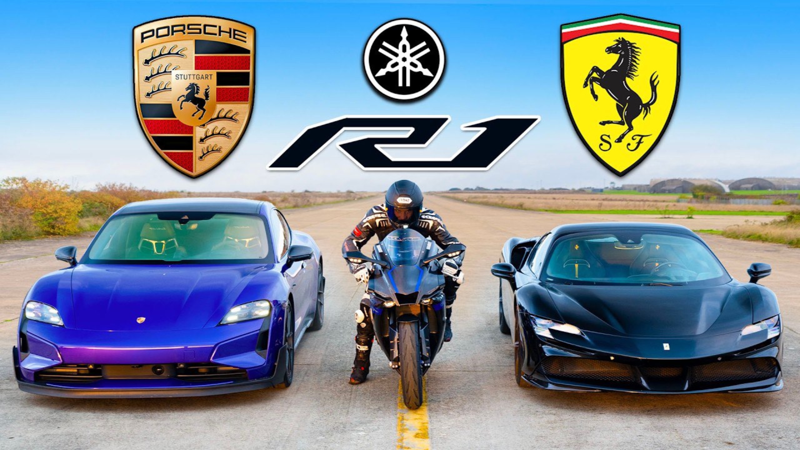 Кто победит в заезде: Porsche Taycan Turbo GT или Ferrari SF90 или же Yamaha R1M? смотреть онлайн