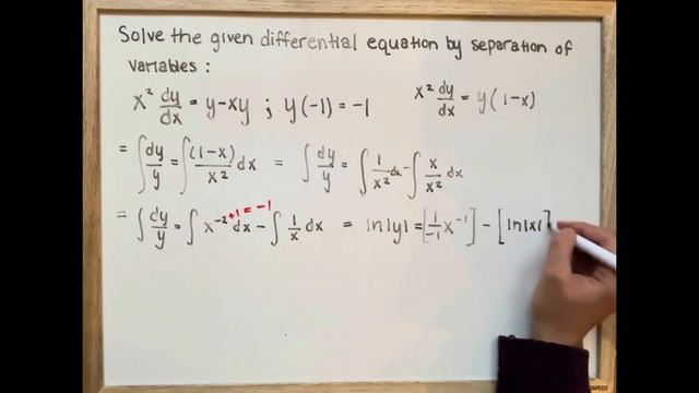 Solve the given differential equation by separation of variables: x^2dy/dx = y-xy ; y(-1) = -1 смотреть онлайн