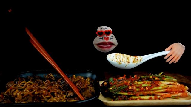 ASMR MUKBANG :) Black Bean Noodle & Spicy Green Onion Kimchi Eating Show! смотреть онлайн