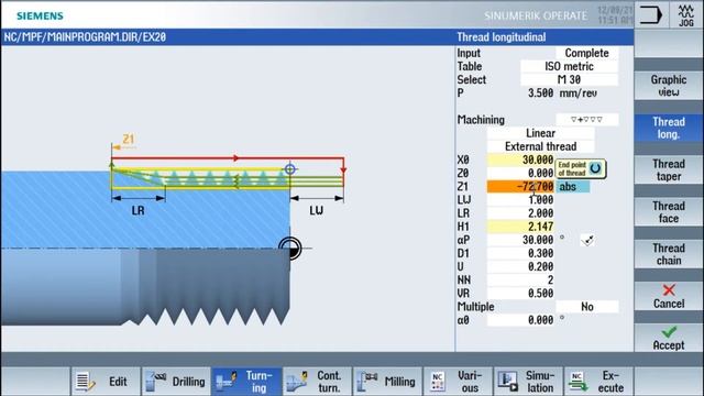 SIEMENS- SINUMERIK-SINUTRAIN Programming Of External Thread Turning-Cycle 99-Longitudinal-ISO METRI